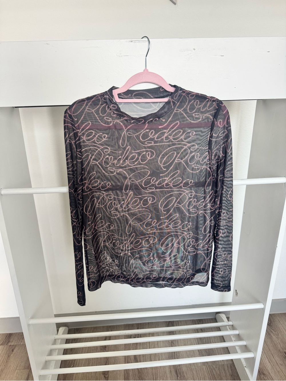 Rodeo Script Sheer Long-Sleeve Top - Black with Pink Script